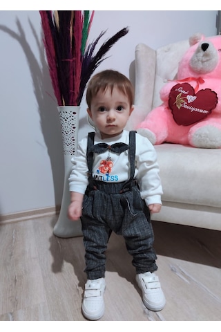 9-12-18 Ay Papyonlu Sweat Kot Pantolon 2li Erkek Bebek Salopet Takımı Çok Renkli