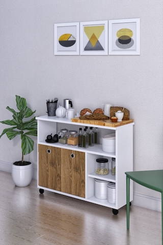 Dolap Taşınabilir 2 Katlı Kapaklı Mutfak Balkon Dolabı Ceviz