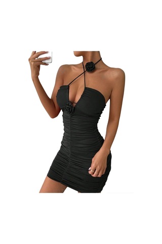 Straplez Kesim Önden Fiyonk İle Bağlamalı Bel Dekolteli Yanlardan Büzgülü Kolluklu Şık Elbise Siyah
