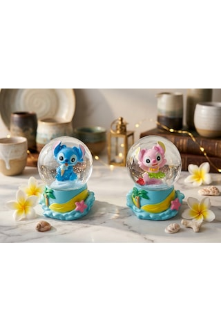 9cm-6cm Işıklı Pembe Ve Mavi Renk Hediyelik-dekoratif 2 Li Stitch Kar Küresi 9x6