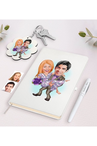 Kişiye Özel Sevgili Karikatürlü Beyaz Defter Kalem Ve Anahtarlık N11.15017