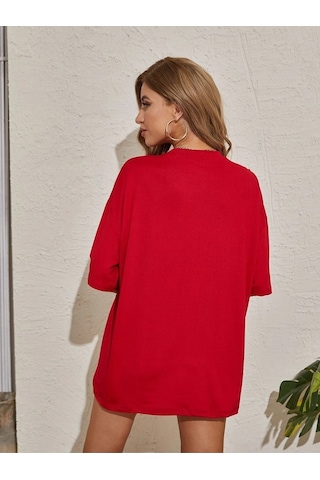 Los Angeles U.s.a T-shirt - Kırmızı Baskılı Oversize Bisiklet Yaka Kısa Kol Tişört Kirmizi