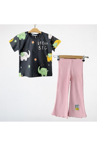 Kız Çocuk Baskılı Tişört Ve Pantolon Takım Pembe Çok Renkli