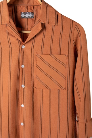 Erkek Kiremit Uzun Kollu Cepli Pamuk Slim Fit Çizgili Yazlık Gömlek Kiremit