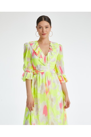 Serpil Exclusive Kadın Volan Yaka Desenli Elbise Kuşak Detaylı, Hafif Ve Hareketli Tasarım Sarı