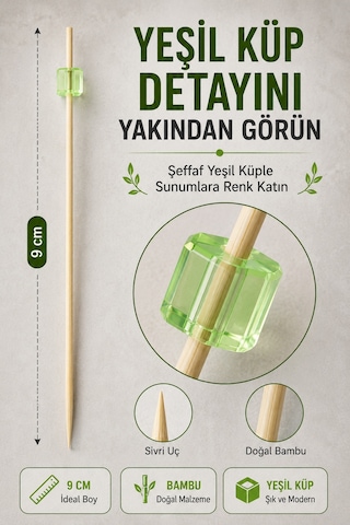 50 Li Yeşil Küp Bambu Kürdan 9 Cm Parti Davet Kokteyl Kanepe Sunum Kürdanı Organizasyon Sofra Seti