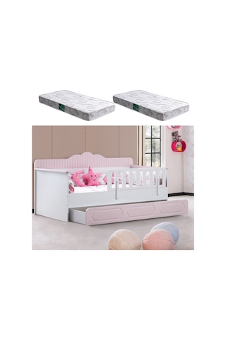 Yavrulu Karyola, Flower Yavrulu Montessori Karyola - Pembe + 2 Adet Comfort Yatak