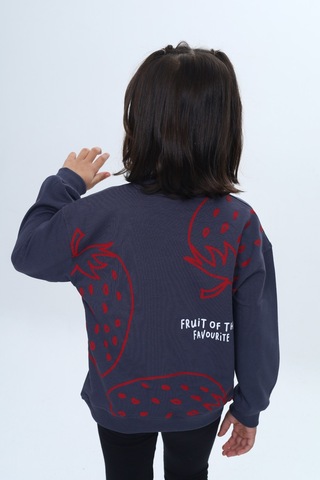 Kız Çocuk Relax Fit Bisiklet Yaka Düşük Omuz Baskılı Sweatshirt Füme Melanj
