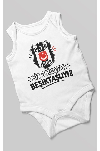 Morivokids Biz Doğuştan Beşiktaşlıyız Sıfır Kollu Bebek Zıbını %100 Pamuk Beyaz