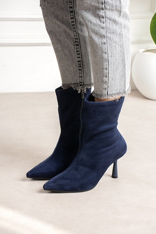 Dabab Shoes Marya Kadın Lacivert Streç Lüks Süet Sivri Burun Sıcak Astarlı Fermuarlı 7 Cm İnce Topuklu Bot Bootie
