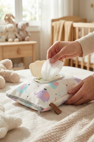 Askılı Taşınabilir Anne Bebek Fermuarlı Islak Mendil Kılıfı Bebek Arabası Beşik Kenarı Çanta Elephnt Beyaz