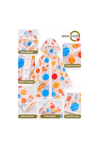 Mainshop 6-7 Ve 8-9 Yaş Çocuk Yağmurluk Kapüşonlu Su Geçirmez Şeffaf Desenli Çok Renkli