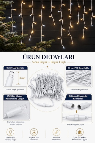 4 Metre 192 Led Profesyonel Perde Led Işık Dış Mekan Kalın Kablolu Beyaz Flaşlı Kafe Restoran Bahçe Teras Aydınlatma Sarı