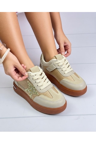Nstil Kız Çocuk Simli Yıldız Detaylı Sneaker Bağcıklı Günlük Spor Ayakkabı 5006 Bej