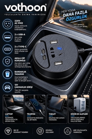 Araç Şarj Aleti Çakmaklık İnvertör & Şarj Cihazı 220v Priz+usb & Type-c Araba Çakmaklık 1