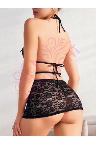 Astrid T Özel Üretim Özel Gün Çapraz Bantlı Çekici Model Mini Etekli Fantazi Sütyen Külot Takım siyah