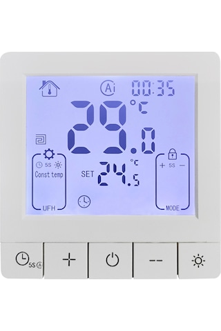 Ranyeek Beyaz Su Isıtma Akıllı Termostat, 3a Ip20, 24 Saatli Zamanlayıcı, Lcd Renkli Ekran, 5-60 C, Ateş Engelleme Pc+abs Malzeme