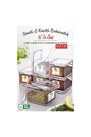 Nandy Home Standlı Kaşık Clear Baharatlık Seti 6'lı + Görselli Etiket Şeffaf