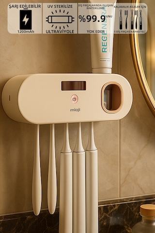 Mioji Mio UV5F 1200 mAh Şarj Edilebilir UV Sterilizatörü Diş Fırçası Sıkacağı ve Tutucusu Bej