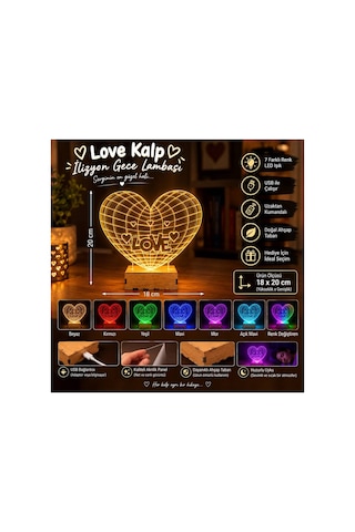 Şeffaf İlizyon Led Gece Lambası Love Kalp Görseli 18x20 Cm