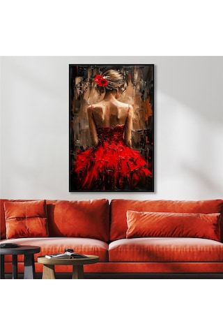 Yağlı Boya Dokulu Tablo Modern Kırmızı Elbiseli Sırtı Dönük Kadın Siyah Çerçeveli U05010-178962