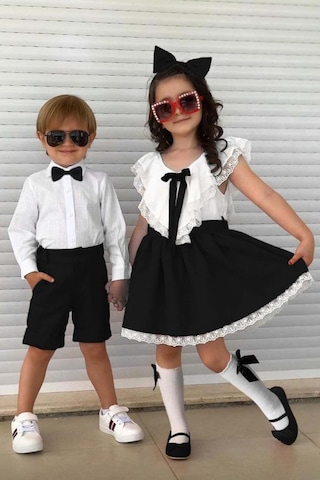 Riccotarz Kız Çocuk V Yaka Omuzları Ve Etek Ucu Dantel İşlemeli Siyah Elbise Siyah