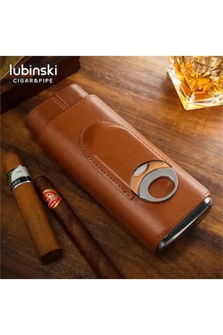 Lubinski Deri 3'lü Puro Kılıfı Kesicili Kahve 60 Ring Lb-504