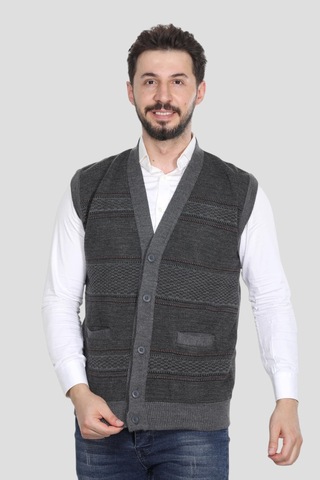 Kzc Tekstil Erkek Baba Orta Yaş Ve Üzeri Triko Örgü Akrilik Kışlık Kalın Dokulu Düğmeli Cepli Baba Yelek Gri