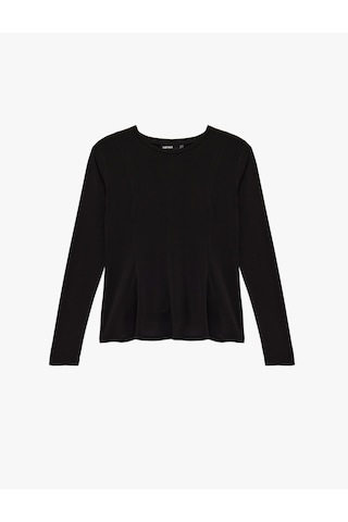 Koton Sandy Kumaş Uzun Kollu Bisiklet Yaka Slim Fit Peplum Kesim Tişört Siyah 6wak50442ek Siyah
