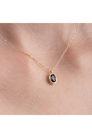 Smoky Taşlı Oval Çerçeveli Sade Minimal Tasarım Tarz 925 Ayar Gümüş Kolye