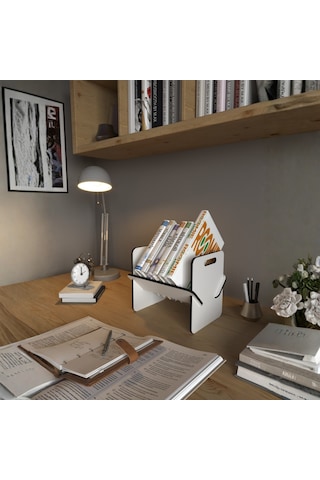 Kitap Standı, Çalışma Masası Organizer, Dekoratif Dergi Standı, Minimalist Kitaplık. Beyaz