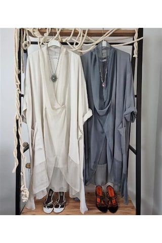 Bohem Stil Italyan Ipek Detaylı Oversize Kaftan & Bluz-8711 Krem