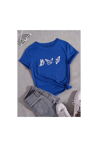 Uçuşan Kelebekler Temalı Premium Baskılı Kadın T-shirt Mavi