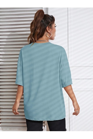 Çiçekli Desenler T-shirt - Bebe Mavisi Baskılı Oversize Bisiklet Yaka Kısa Kol Tişört Bebe Mavisi