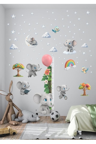 Fil Temalı Boy Ölçerli Duvar Sticker Seti - Çocuk Odası Duvar Dekoru, Mat Pvc, Sökülebilir, Boy Ölçer