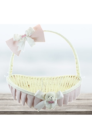 Saplı Oval Kumaş Süslü Sepet 41 Cm Büyük Boy Pembe