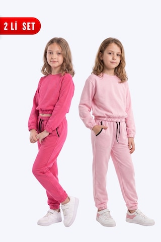 Panios Kids 2'li Yuvarlak Yakalı Beli Lastikli Crop Kesim 4 Parça Kız Çocuk Alt Üst Eşofman Takımı Fuşya-pembe