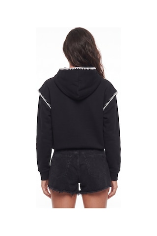Onloox Kadın Siyah Siyah Pamuklu Kapişonlu Uzun Kollu Rahat Kesim Dantel Detaylı Sweatshirt