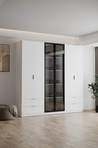 Evdemo Safir Cam Kapaklı 6 Kapılı 4 Çekmeceli Gardırop 210 Cm Beyaz