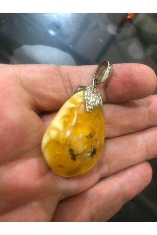 Doğal Kaya Damla Kehribar Kolye Ucu Otantik Gümüş Aparatlı 11,81 Gram