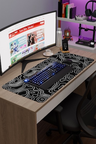 Siyah Beyaz 90x40 Xxl Taraftar Gaming Oyuncu Mouse Pad Kaymaz Taban Büyük Fare Altlığı Topography