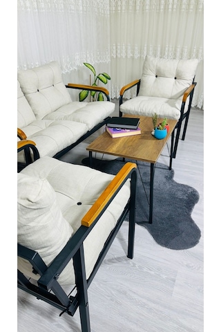 Madame Home Kaktüs Balkon, Bahçe,teras,cafe - Salon - Metal Kanepe Koltuk Takımı - 2 1 1 Sehpa Krem