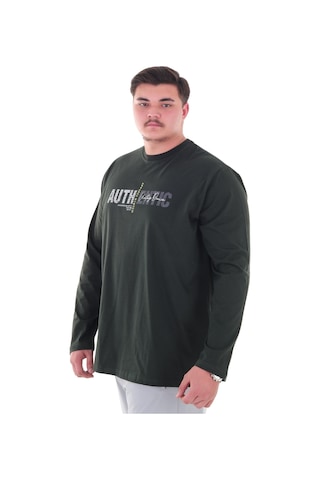 Erkek 115-155 Kilo Arası İçin Uygun Uzun Kol Bisiklet Yaka Mevsimlik Baskılı İnce Sweatshirt Haki