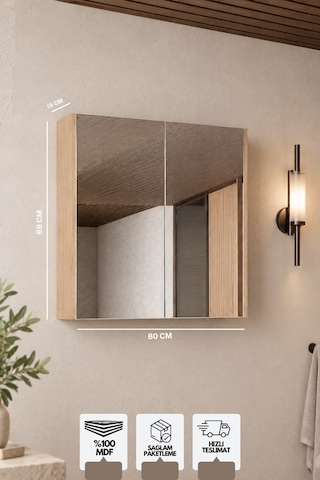 Milano 80 Cm, Banyo Dolabı, Üst Modül, Aynalı Dolap, Atlantis Meşe Beyaz - Sonomo