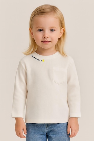 Luess Unisex Çocuk Happiness Nakışlı Cepli Fitilli Kaşkorse Tişört Beyaz