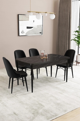 Familieconcept Almira Serisi, Siyah Mermer Desen 80x132 Açılabilir Mdf Mutfak Masası Takımı 4 Adet Sandalye