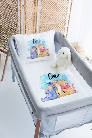 Lilabio %100 Pamuk Saten İsme Özel İsimli 70x120 Park Yatak Nevresim Seti Winnie The Pooh-mavi