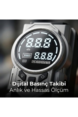 Akü Takviyeli Lastik Şişirme Hava Kompresörü, 150 Psı Güçlü Hava Basıncı, 8000 Mah Uzun Şarj Ömrü, Akü Jum