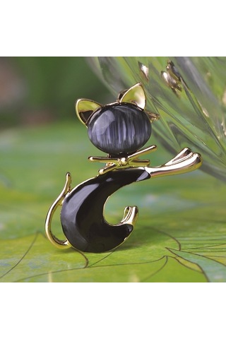 Sones Sevimli Kedi Broşu Kedi Gözü Taş Broşu Siyah