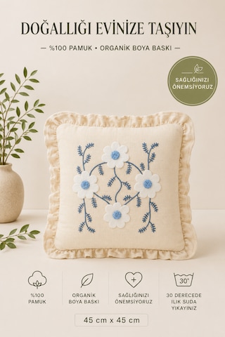 Mavi Beyaz Papatya Desenli Dekoratif Kırlent Kılıfı %100 Pamuk Fırfırlı 45x45 Cm Bej